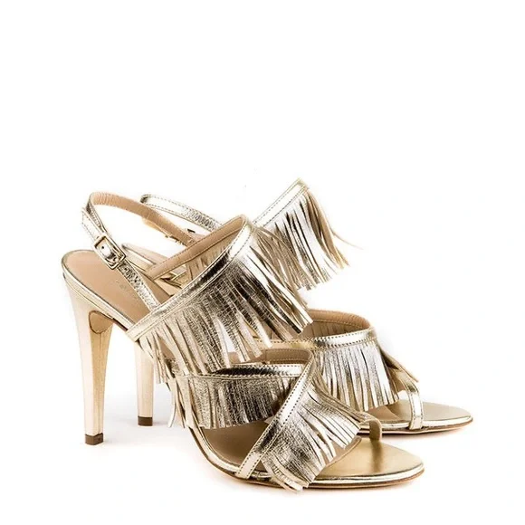 Perla Formentini Allegra Gold Platino Fringe Leather Heels Size 39 - Picture 6 of 11